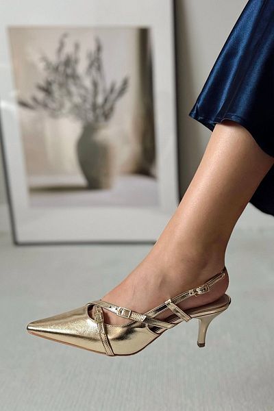 POLKA STORE Obsession Double Pointed Toe Two-Strap Buckle Gold Gold Heeled Women's Shoes