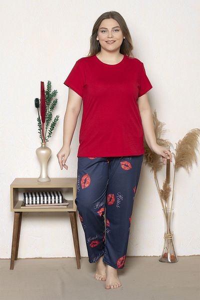 MyBen Plus Size Red Colored Kisses Printed Short Sleeve Oversize Pajamas Set B-8
