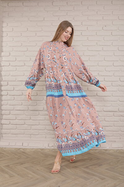 mervemoda Γυναικείο φόρεμα Plus Size - Μπροστά με κουμπιά και υφαντό