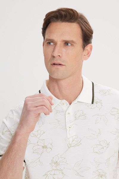 ALTINYILDIZ CLASSICS Herren-T-Shirt in Weiß-Khaki mit schmaler Passform, 100 % Baumwolle, mit Blumenmuster und Polokragen