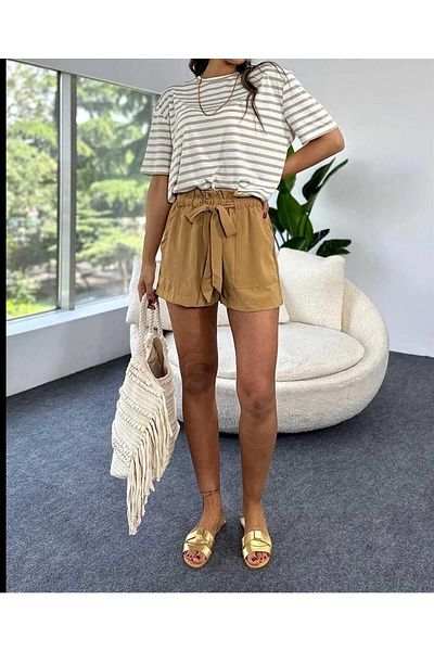 BEBE PLUS Cotton Fabric Shorts with Elastic Waist and Belted Camel