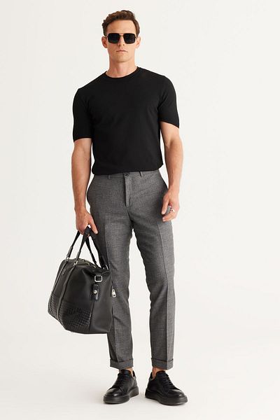 ALTINYILDIZ CLASSICS Men's Gray Slim Fit Slim Fit Patterned Elastic Waist Flexible Classic Fabric Trousers