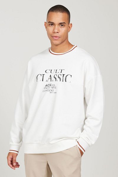 AC&Co / Altınyıldız Classics Off-White Oversize-Sweatshirt aus locker geschnittener 3-Faden-Baumwolle mit Rundhalsausschnitt und Fleece-Innenseite