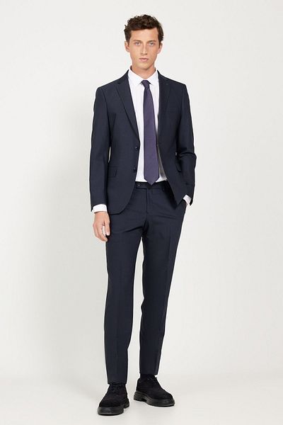 ALTINYILDIZ CLASSICS Men's Dark Navy Blue Slim Fit Slim Fit Mono Collar Patterned Wool Suit