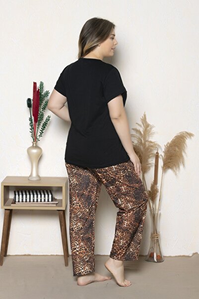 MyBen Plus Size Black Colored Leopard Patterned Short Sleeve Oversize Pajamas Set B-26