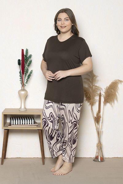 MyBen Σετ Πυτζάμες Oversize Καφέ με μοτίβο κοντό μανίκι Β-10
