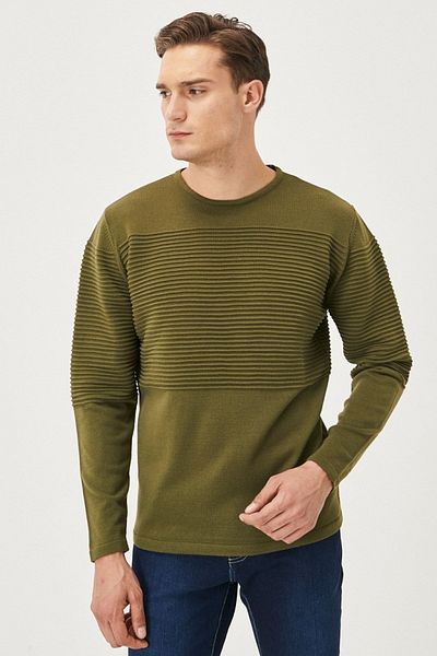 AC&Co / Altınyıldız Classics Men's Open Khaki Standard Fit Normal Cut Crew Neck Knitwear Sweater Without Pilling