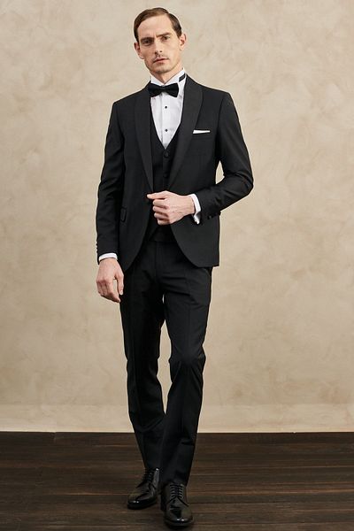 ALTINYILDIZ CLASSICS Men's Black Slim Fit Narrow Cut Mono Collar Classic Tuxedo Suit with Woolen Vest