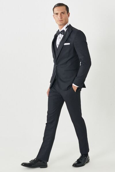 ALTINYILDIZ CLASSICS Men's Navy Blue Slim Fit Slim Fit Swallow Collar Patterned Vest Tuxedo Suit