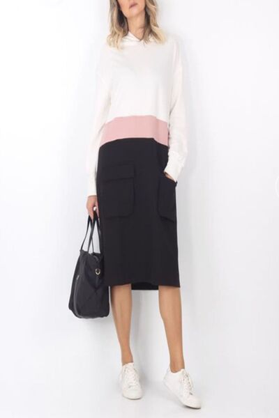 Stil Kapüşonlu Torba Cep Beyaz Siyah Somon Renk Sweatshirt Elbise