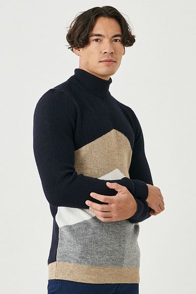 ALTINYILDIZ CLASSICS Πλεκτό πουλόβερ ανδρικό Navy Blue-mink Standard Fit Normal Cut με πλήρες ζιβάγκο