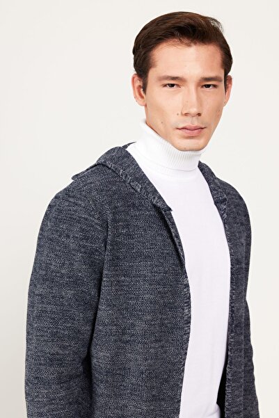AC&Co / Altınyıldız Classics Men's Navy Blue-Grey Wool Standard Fit Regular Cut Hooded Patterned Knitwear Cardigan