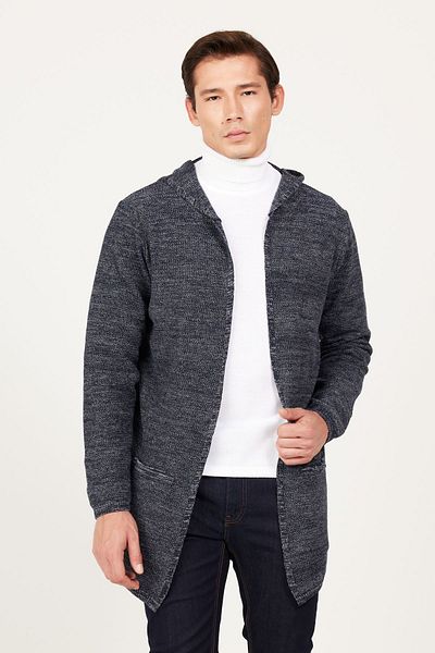 AC&Co / Altınyıldız Classics Men's Navy Blue-Grey Wool Standard Fit Regular Cut Hooded Patterned Knitwear Cardigan