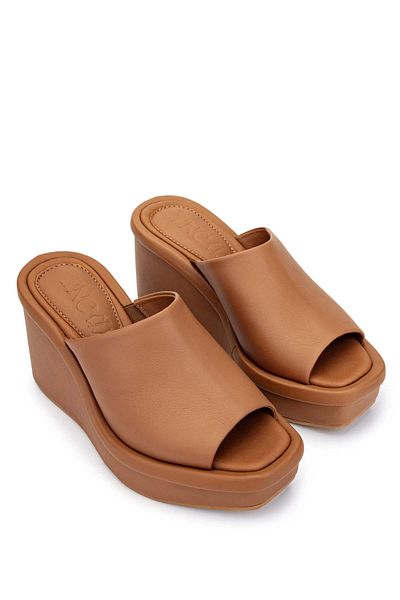 Tamer Tanca Genuine Leather Women's Heeled Slippers - Tan