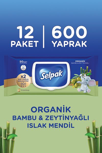 Selpak 12 Pieces 600 Sheets - Organic Bamboo Extract and Olive Oil Wet Wipes