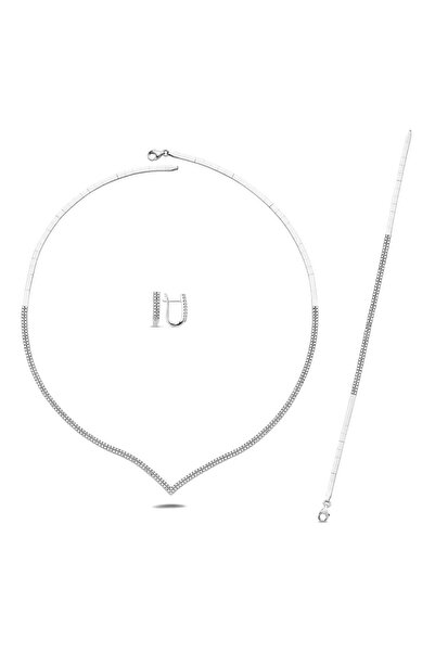 MaGold V Yaka Pırlanta Modeli İki Sıra Beyaz Altın Set Takım