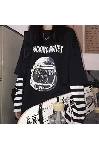 Köstebek Siyah I Need More Space Unisex Çizgili Kollu T-shirt
