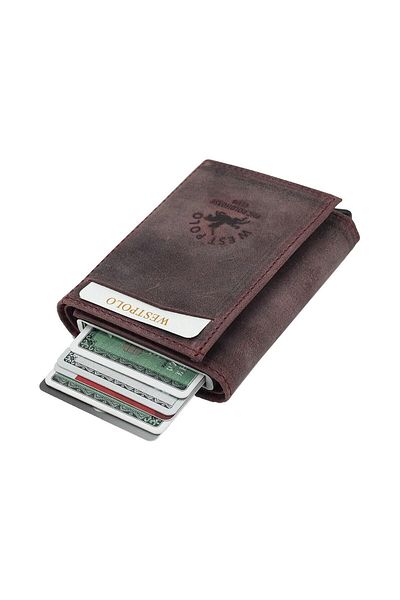 Westpolo Men's Dark Claret Red Genuine Leather Mechanical Wallet Card Holder
