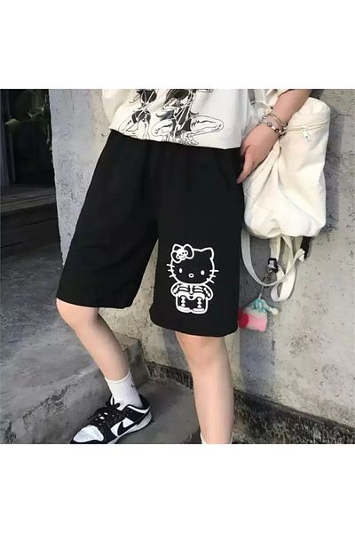 Köstebek Hello Kitty Skeleton χτενισμένο βαμβακερό σορτς Unisex