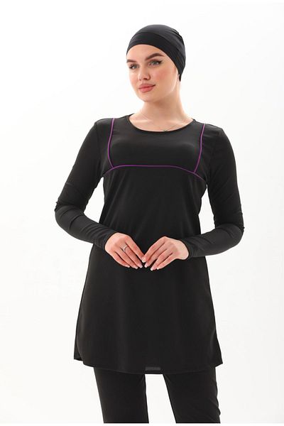 BEMOL GİYİM Black Hijab Swimsuit - Full Covered and Purple Piping