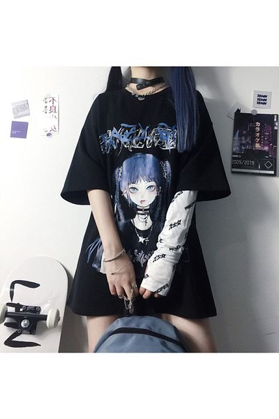 Köstebek Anime Harajuku Crazy Girl Black Unisex T-shirt