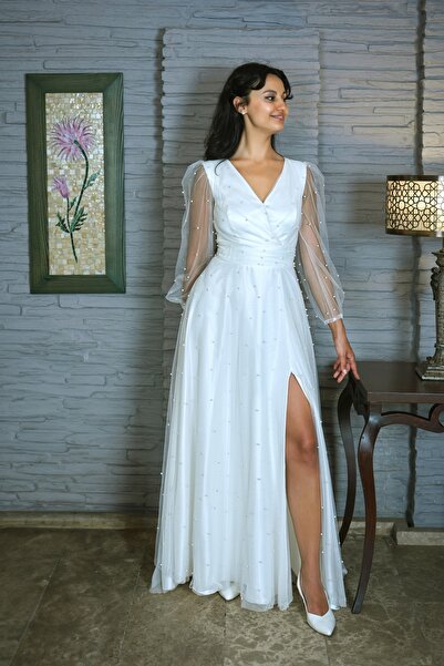 Butik Kırık beyaz incili abiye elbise