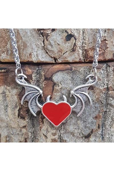 Köstebek Bat Winged Heart Red Necklace with Chain