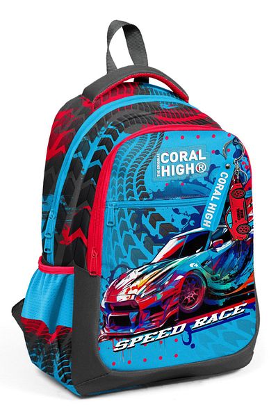 Coral High Kids Gray Blue Race Car Patterned Three Compartment School Backpack 23652