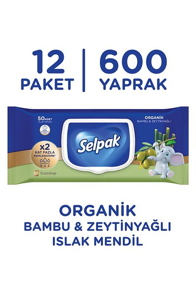 Selpak 12 Pieces 600 Sheets - Organic Bamboo Extract and Olive Oil Wet Wipes