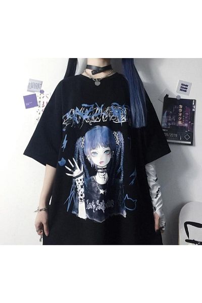 Köstebek Anime Harajuku Crazy Girl Black Unisex T-shirt