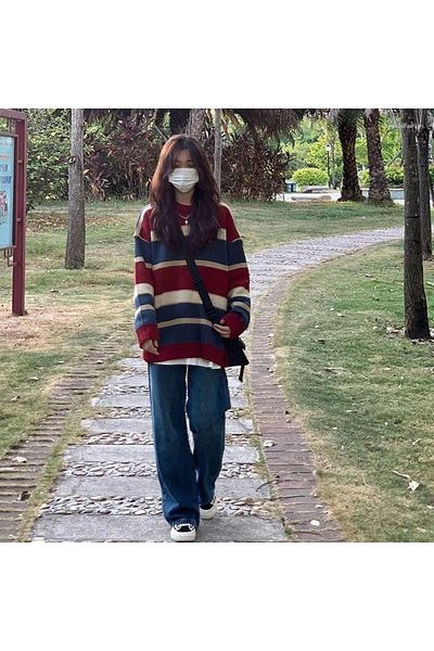 Köstebek Oversize Sweater with Contrast Color Stripes