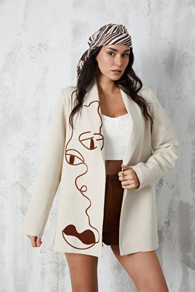 minaaise سترة كتان بياقة شال مطرزة 27064