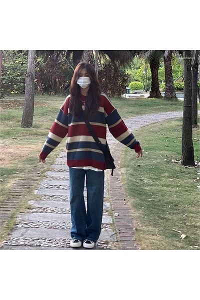 Köstebek Oversize Sweater with Contrast Color Stripes