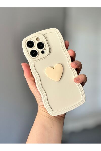 MİRAZ TASARIM IPHONE 15 PROMAX 3D KALP DEKORLU EKRU KILIF