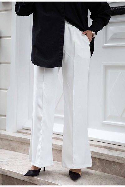 Tesettür Diyarı White Women's Crepe Trousers - Dumbbell Striped