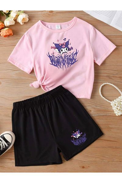 Serays moda Kuromi Printed Boys and Girls Cotton Combed Cotton Shorts Set
