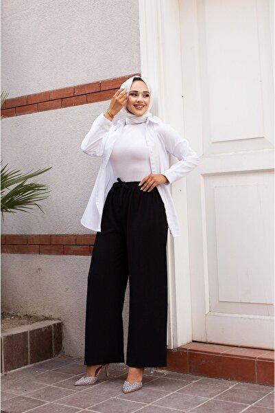 Sfg Life Moda Kadın Bel Lastikli Salaş ve Ön Bağcık Detaylı Bürümcük Şık Kumaş Pantalon