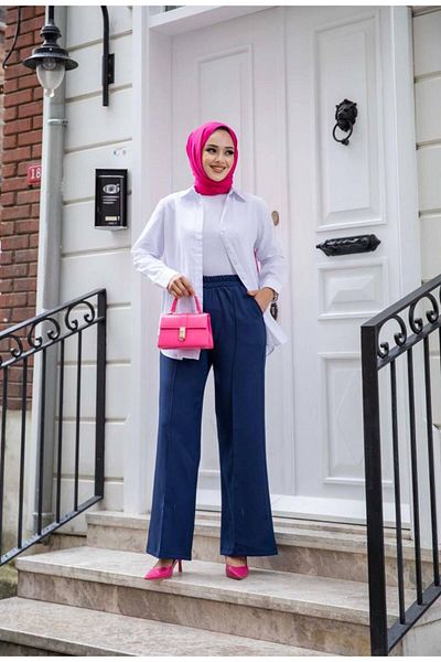 Tesettür Diyarı Navy Blue Women's Dumbbell Crepe Striped Trousers