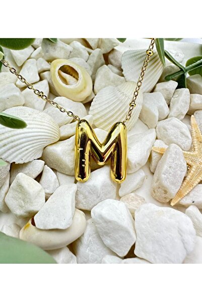 Jeros Accessories Üç Boyutlu Balon M Harf Gold Çelik Kolye