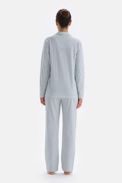 Dagi Set de pijamale cu guler de cămașă brodat albastru deschis