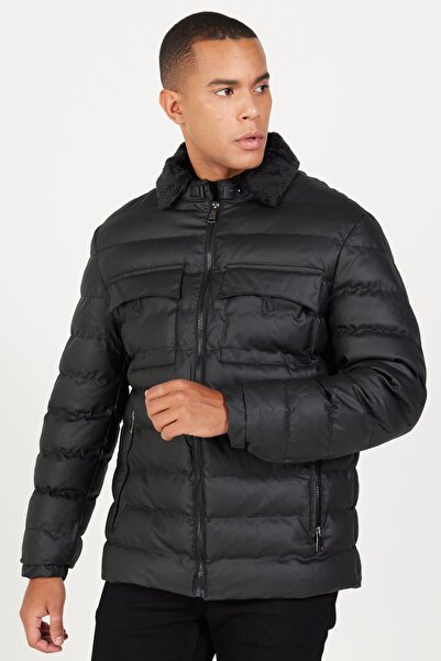 AC&Co / Altınyıldız Classics Pánský černý vzorovaný kabát s límečkem ve standardním střihu v normálním střihu