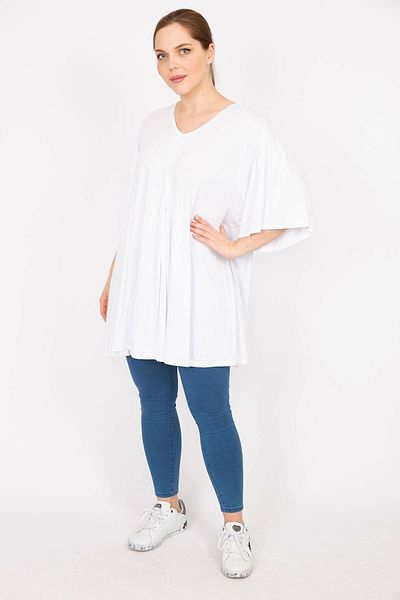 Şans Women's White Large Size Front A Pleated V-Neck Long Blouse 65n35951