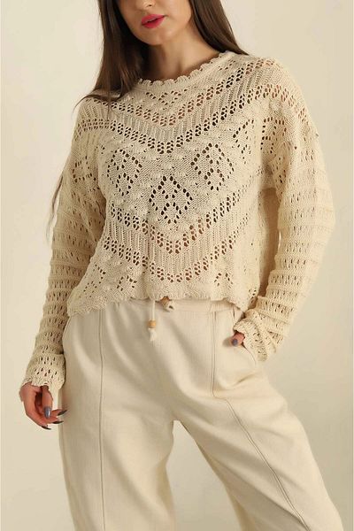 miratriko Openwork Patterned - Embossed Patterned Women's Knitwear Sweater 100% COTTON