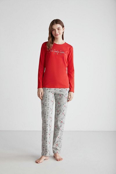 U.S. Polo Assn. - Set pijamale roșii cu guler rotund pentru femei 16965