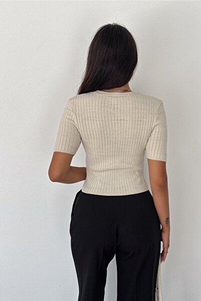 FEMELLE Μπεζ Βαμβακερή Πλεκτή Μπλούζα - Κοντό μανίκι με πέρλες ραφές