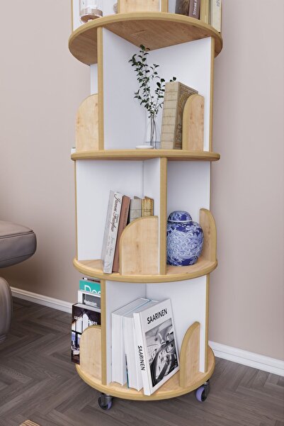 zeo wood design 360° Mdflam Dekoratif Döner Kitaplık - Beyaz / Safir Meşe - 133x45 Cm