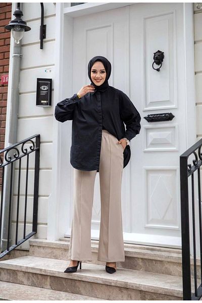 Tesettür Diyarı Beige Women's Dumbbell Crepe Trousers - Striped Fabric