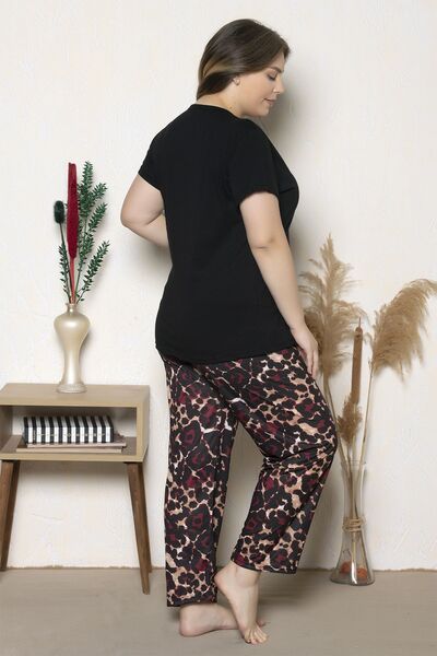 MyBen Plus Size Claret Red Colored Patterned Short Sleeve Oversize Pajamas Set B-15