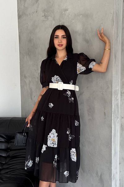 Neşeli Butik Rochie din șifon cu imprimeu - cu curea și guler de cămașă, NBQ011