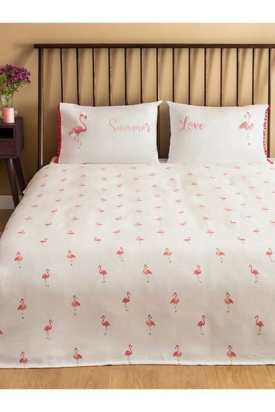LC Waikiki Lcw Home Pink Flamingo Printed Double (ΑΕΡΟΠΕΡΑΤΟ) Λευκό Σετ Πικέ